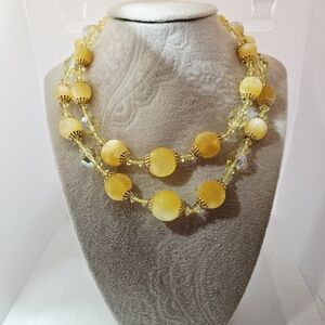 Vendome Yellow Beaded Necklace 2 Strand Vintage Gold Tone